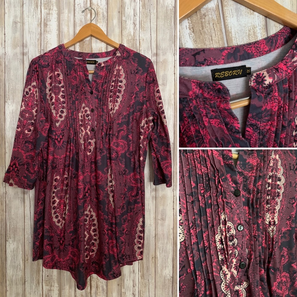 ReBorn 3/4 sleeve patterned pleated tunic